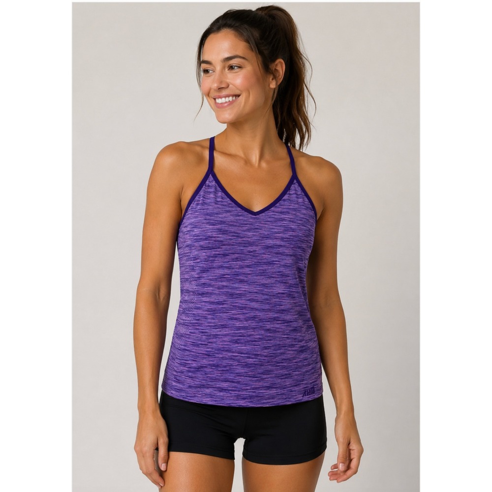 Avia Stretch Workout Tank Top S/M Purple Space Dye Strappy Back Yoga Gym